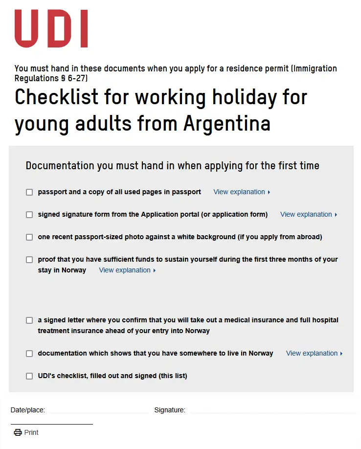 UDI Checklist Noruega